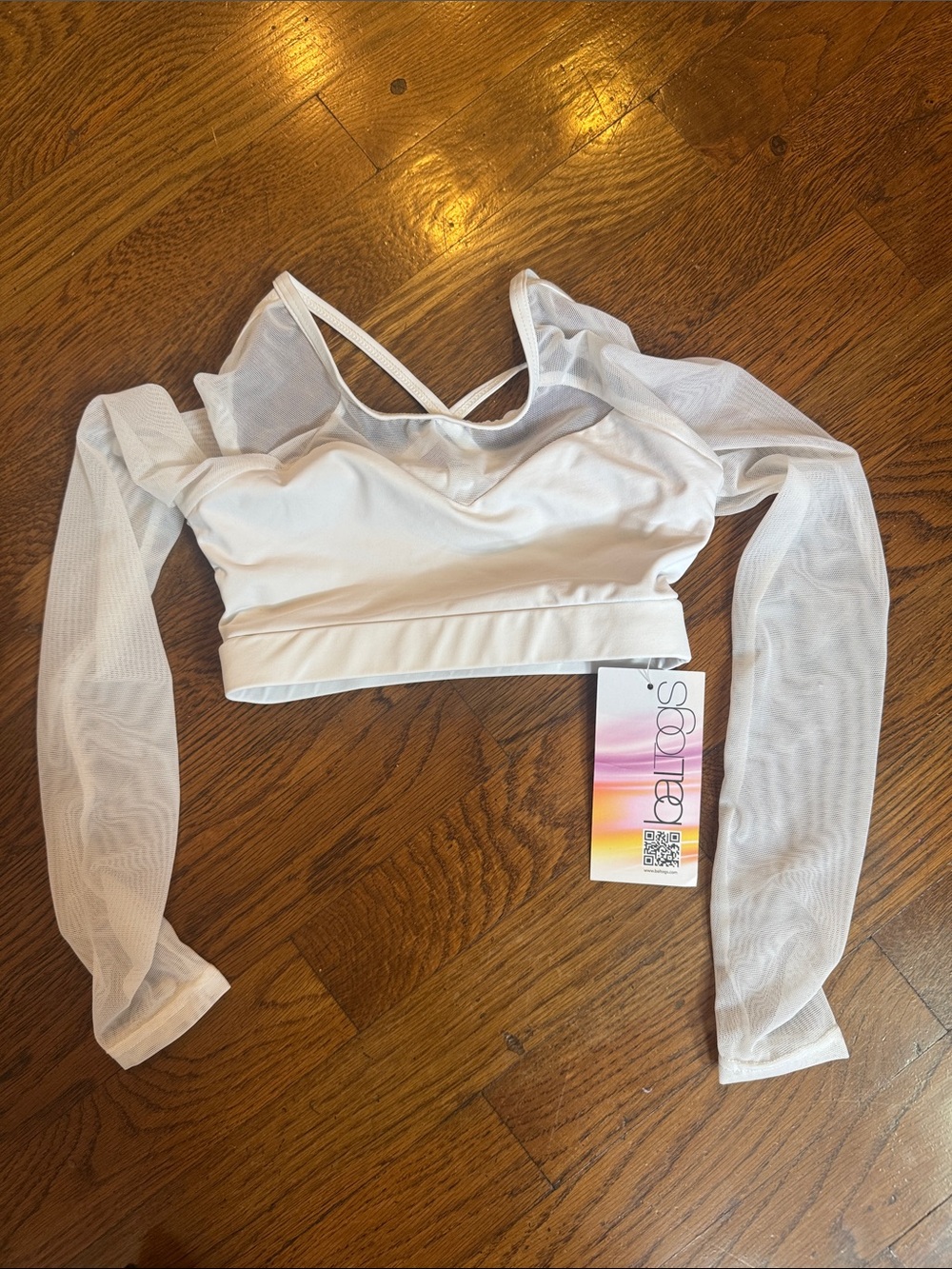 Baltogs White Mesh Long Sleeve Crop dance top with Strappy Back IC